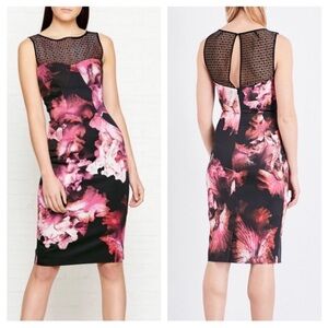 Karen Millen Black Sheath Dress with Pink Floral Print and Mesh Yoke Size 6
